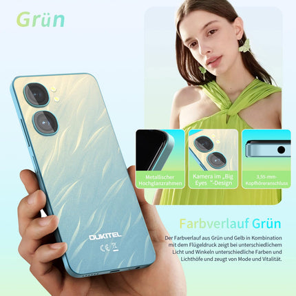 OUKITEL C58 (16GB+128GB) nutitelefon ilma lepinguta - 6,67-tolline 90Hz Android 14 mobiiltelefon soodne, 5150mAh aku, 13MP+5MP kaamera, näotuvastus ja sõrmejäljelugeja, NFC, GPS, kahe SIM-kaardi pesa 4G soodne nutitelefon, roheline