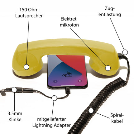 60ndate Micro kirjeldus: Retro telefonitoru Apple iPhone'idele Lightninguga/Retro telefonitoru iPhone'ile/Retro telefonitoru iPhone'ile/iPhone'i telefonitoru/iPhone'i telefonitoru, kollane