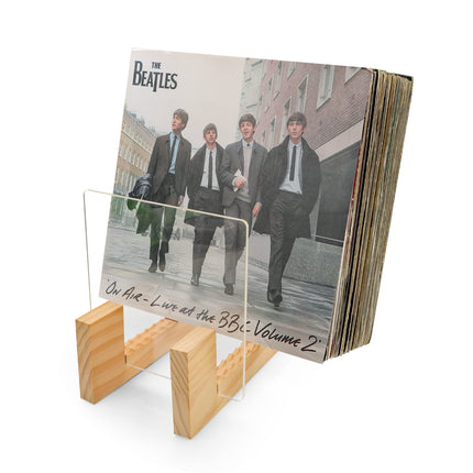 AZKEEGREY 2 läbipaistvat plaadihoidjat, puidust vinüülalus LP, CD, DVD albumite hoiustamiseks laual