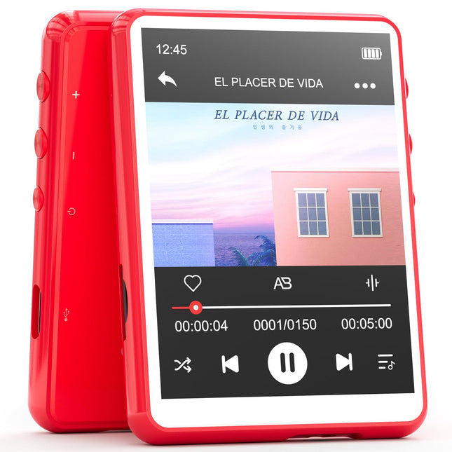 MECHEN Bluetooth 5.3 MP3-mängija puutetundliku ekraaniga, 64 GB MP3-mängija kõlariga, HiFi-heli, FM-raadio, muusika, video, e-raamatud, diktofon, kaitseümbris (punane)
