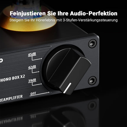 Fosi Audio BOX X2 fonotoruga eelvõimendi, HiFi eelvõimendi MM-plaadimängijatele võimenduse regulaatoriga, vahetatav vaakumtoru, MM/3,5 mm AUX-sisend, mini fonotoruga eelvõimendi DC 12V toiteplokiga