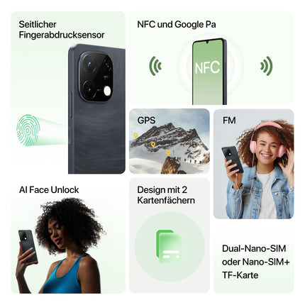 UMIDIGI G9C NFC nutitelefon ilma lepinguta Android 14-12(6+6) GB+128GB 50MP kaameraga mobiiltelefon 6,75-tolline 90Hz ekraan, 5000mAh, 2,2 GHz protsessor, 4G kahe SIM-kaardiga, kaasas laadija, Bluetooth 5.4/Face ID/GPS - must