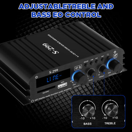 4.1-channel amplifier, 1600W mini hifi amplifier, Bluetooth 5.0 for home speakers 40W x 4 + active subwoofer from 110-240V to 12V with USB TF slot MP3 player with remote control