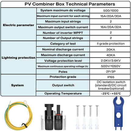 Ülepingekaitse PV - 1000V 32A Päikesepaneelide ühenduskarp, piksekaitse, alalisvoolu lahtiühendamise lüliti, PV-süsteem, 2-poolne (2 sisendit, 2 väljundit), alalisvoolu ühenduskarbi kaitselüliti, päikesepaneelide toitepistik