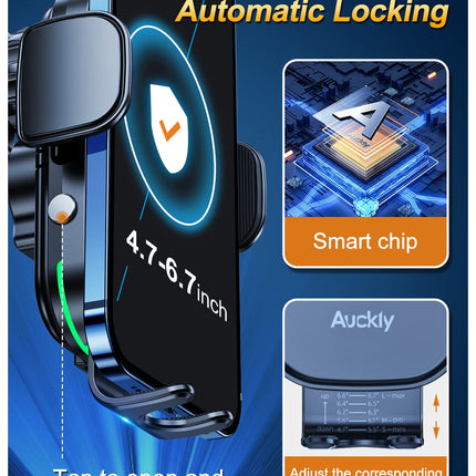 Auckly autotelefoni hoidik laadimisfunktsiooniga, 【Smart Sense】 Qi 15W kiire juhtmevaba laadija autole, induktiivne laadimine, induktsioon-autolaadija iPhone 12 13 14 15 16 Pro Max Mini Plusile (must)