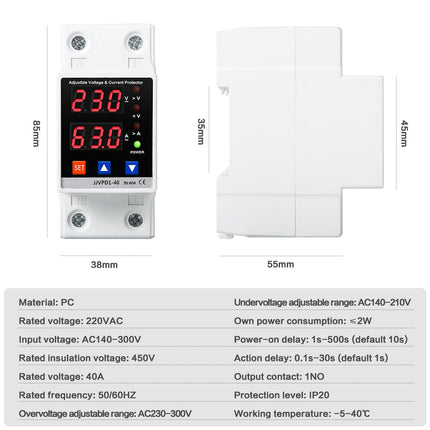 Ailao ülepingekaitse DIN-rööpale kinnitatav piksekaitse ülepingekaitse AC 230V 40A LED-ülepingepiirik automaatne väljalülitus ülepinge korral ja taaskäivitamine, majapidamises kasutatav ülepingekaitse.