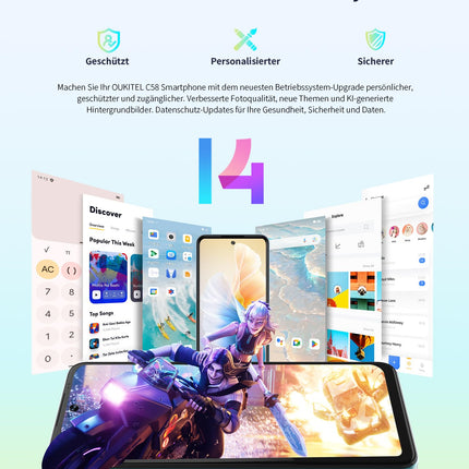 OUKITEL C58 (16GB+128GB) nutitelefon ilma lepinguta - 6,67-tolline 90Hz Android 14 mobiiltelefon soodne, 5150mAh aku, 13MP+5MP kaamera, näotuvastus ja sõrmejäljelugeja, NFC, GPS, kahe SIM-kaardi pesa 4G soodne nutitelefon, roheline