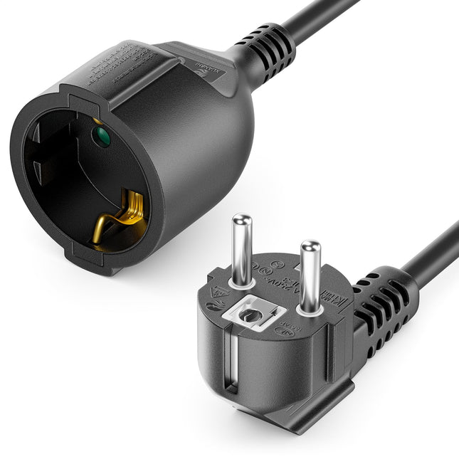 deleyCON 5m extension cable power cable extension protective contact plug type F (CEE 7/4) 90° angled to socket (CEE 7/3) touch protection TV PC computer projector - black