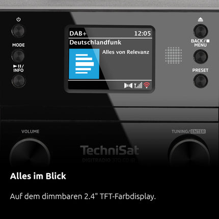 TechniSat DIGITRADIO 370 CD IR - internetiraadio (DAB+, FM, CD-mängija, Wi-Fi, Bluetooth, värviline ekraan, USB, AUX, kõrvaklapipesa, äratuskell, 10 vatti, pult) must