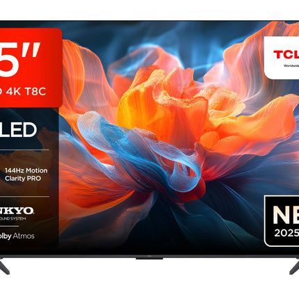 TCL 75T8C 75-tolline QLED 4K HDR UHD-teler, nutikas Google TV Dolby Vision ja Atmos, 144 Hz Motion Clarity Pro, FreeSync, Onkyo 2.1 heli, hääljuhtimine, ühildub Google Assistantiga