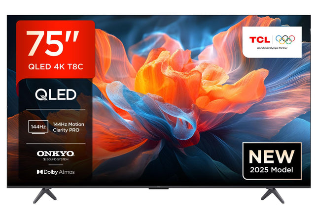 TCL 75T8C 75-inch QLED 4K HDR UHD TV, Smart Google TV Dolby Vision &amp; Atmos, 144Hz Motion Clarity Pro, FreeSync, Onkyo 2.1 Sound, Voice Control, Compatible with Google Assistant