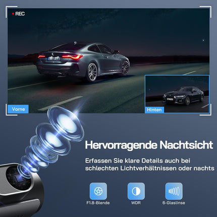 WOLFANG Dashcam Car Front Rear 4K WiFi Dash Cam with 32GB SD Card, Ultra Night Vision, 170° Wide Angle, WDR, 24h Parking Mode, G-Sensor, Loop Recording