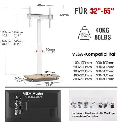 AOKCOS telerialus rataste ja puidust riiuliga, ratastel telerialus 32–65-tollistele teleritele, põrandaalus, reguleeritava kõrgusega, pöörlev, kuni 40 kg, max. VESA 400x400 mm (valge+naturaalne)