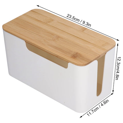 Cable management box with wooden lid, 23 x 12 x 11.7cm white plastic cable box desk cable organizer small cable box for hiding TV computer router cables sockets
