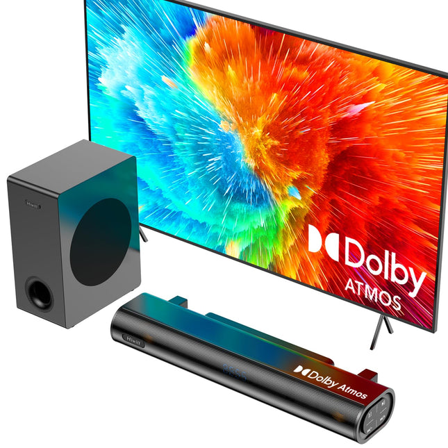 Hiwill Dolby Atmosega teleritele mõeldud heliriba, 200 W tippvõimsusega teleri heliriba juhtmega subwooferiga, Bluetooth 5.3 kõlar telerile, reguleeritavad kõrged ja bassid, HDMI eARC/Opt/AUX