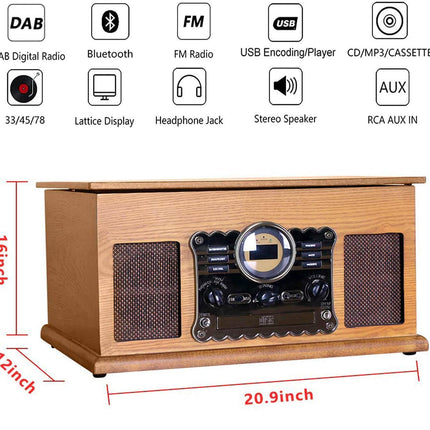 10-ühes plaadimängija Bluetoothi, FM/DAB-raadio, CD- ja kassettmaki, USB/SD-taasesituse ja -salvestusega, vintage-disainiga plaadimängija