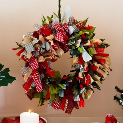 Christmas wreath, Christmas decoration, handmade, made from recycled, seasonal multi-colored, green, red fabric, GoodWeave certified, 30 cm diameter, suitable as a mobile, door or wall hanging