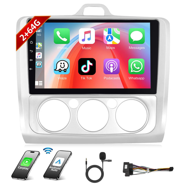 Podofo autoraadio Ford Focusele 2004 2005 2006 2007 2008 2009 2010 2011 koos juhtmevaba Carplayga, Android Auto 2+64G, 9-tolline Android 13 raadio, IPS-ekraan, Bluetooth 5.0, WiFi, GPS, RDS + mikrofon