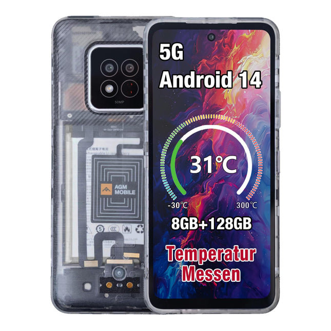 AGM X6 5G õues kasutatav nutitelefon, lukustamata, temperatuurianduriga (2024), 8GB+128GB/512GB, 6,78'' FHD+ ekraan, Android 14 vastupidav veekindel nutitelefon, 50MP+16MP, kahekordne SIM/näotuvastuse/5000mAh aku, läbipaistev