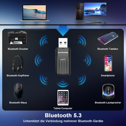 WONLINK WiFi-pulk arvutile, AX900 Bluetooth 5.3 WiFi 6 USB-adapter Dongle kahesageduslik interneti WiFi-pulk arvutile/lauaarvutile/sülearvutile, USB WiFi-adapter sisseehitatud draiveriga, ühildub Windows 11/10, WPA3-ga