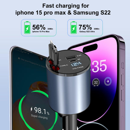 4-in-1 Retractable Car Charger, Fast Car Phone Charger with 69W Retractable Cable and 2 USB Ports Car Charger Adapter Compatible with Phone 15/14/13/12 Pro Max XR, iPad