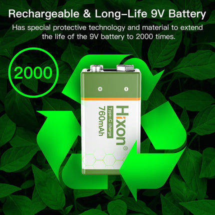 Hixon 9V USB-C Battery, Rechargeable Lithium 9V Block Battery, 760 mAh High Capacity with Type-C Charging Cable, for Smoke Detectors and Multimeters, 4 Pieces 9V Lithium Battery