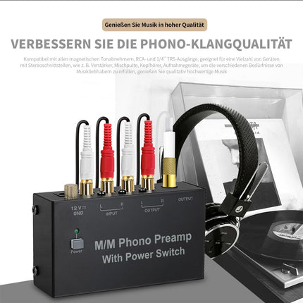 AIFIZO Phono eelvõimendi plaadimängija, plaadimängija must stereovõimendi tasemega, RCA sisend ja väljund, Phono eelvõimendi plaadimängija DC 12V toiteallikaga