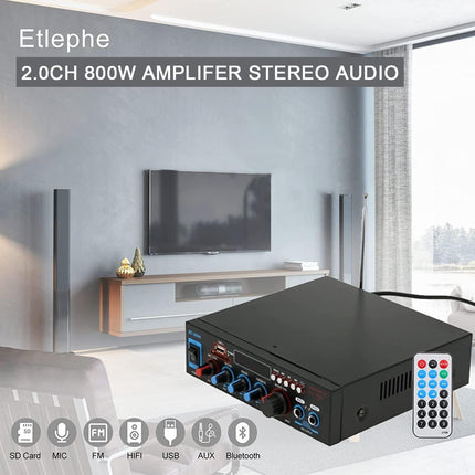 Etlephe Mini Amplifier, 800W Hi-Fi Amplifier, Stereo Amplifier Bluetooth 5.0, 12V 220V, FM Radio, Portable SD Card/USB Input/FM Radio for Home or Car