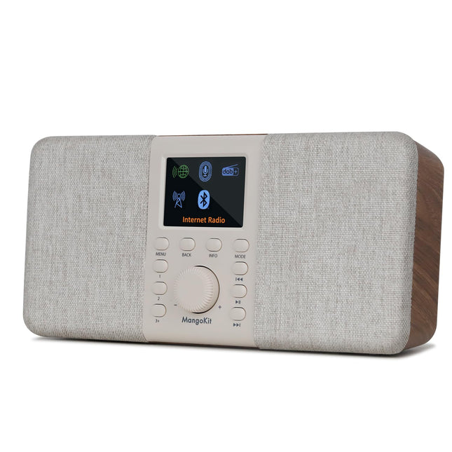 MangoKit SR20 stereo WiFi internetiraadio DAB/DAB+ digitaalraadioga, taskuhäälingumängija, nutikad raadiod Bluetoothiga, FM-raadio, köögiraadio vooluvõrgust ja akutoitega, värviline ekraan, topeltäratus - pähklipuu