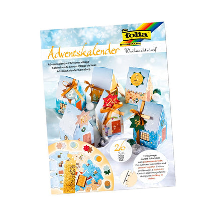 folia 9391 - advendikalender jõuluküla, eelnevalt lõigatud karbid 24 maja kujulistena kokkupandavateks, sädelevate aplikatsioonidega, ideaalsed väikesteks kingitusteks advendiajal