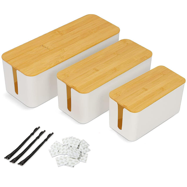 MIVIDE 3-Piece White Cable Box, Cable Box with Wooden Lid, Cable Hide, Large and Small Cable Management (with 3 Wire Ties and 20 Double-Sided Stickers)