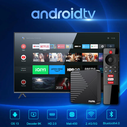 RUPA Android TV Box 2025 uusim 8K nutiteleriboks Android 13.0 RAM 2G ROM 16G WiFi6 Enternet 10/100M Bluetooth 5.0 USB3.0 toetab 3D HD telerit
