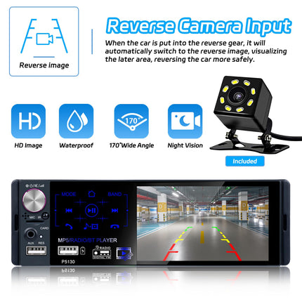 Hikity RDS FM AM Car Radio 1 Din Bluetooth Handsfree 4.1 Inch Screen Touch Display with USB AUX TF MP5 for Android/IOS Car Radio Rear View Camera Microphone