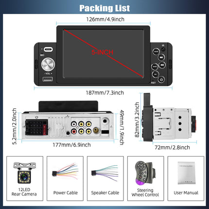 CAMECHO autoraadio 1 DIN 5-tollise puutetundliku ekraaniga, ühildub iOS/Android Mirror Linkiga, puutetundliku ekraaniga, Bluetooth Handsfree süsteemiga, FM EQ-ga, SWC TF/USB/AUX/Type-C + tahavaatekaamera