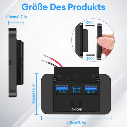 Daakro 72W USB laadimispesa 12V autolaadija kahekordse QC3.0 USB ja PD3.0 C-tüüpi mobiiltelefoni kiirlaadija veekindel lülitiga 12V/24V haagissuvilatele, autodele, mootorratastele, veoautodele