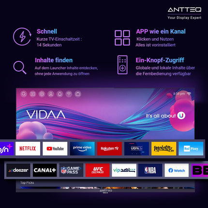 Antteq V43-AF3Q1-BT nutiteler 43-tolline (109 cm) televiisor, FHD, Vidaa OS, App Store, Bluetooth-juhtimine, Netflix/Prime Video/DAZN/UVM, WiFi, kolmekordne tuuner (DVB-T2/S2/C), hotellirežiim, 2025