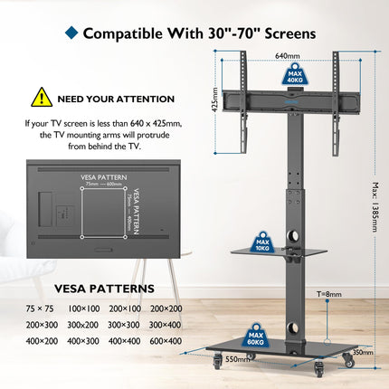 BONTEC telerialus ratastega 30–70-tollistele plasma-/LCD-/LED-ekraanidele kuni 40 kg, 6 kõrguse reguleerimisvõimalust, 2-astmelised karastatud klaasist riiulid, MAX VESA 600 x 400 mm
