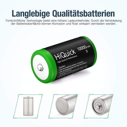 HiQuick 4 x Mono D battery, NI-MH rechargeable D battery, high capacity 10000mAh, 1200 charging cycles, 1.2V type D battery