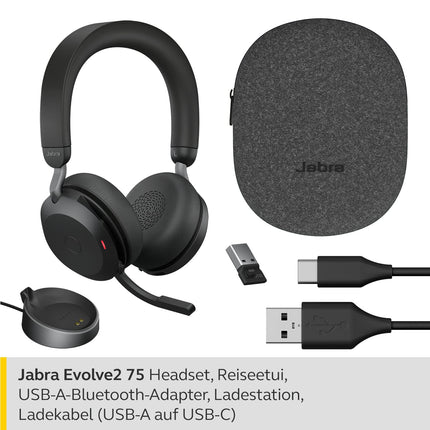 Jabra Evolve2 75 Wireless PC Headset with Charging Dock, 8-Micro Technology - Dual-Foam Stereo Headphones with Advanced Active Noise Cancellation, USB-A Bluetooth Adapter, and MS Compatibility - Black