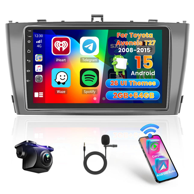 Hikity 2+64G autoraadio ja navigatsioonisüsteem Toyota Avensis T27 2008-2015 autole koos juhtmevaba Carplay, Android Auto Mirror Linki, 9-tollise puutetundliku ekraaniga Android 13 raadio, WiFi, GPS, Bluetooth, FM, RDS EQ, SWC tahavaatekaameraga