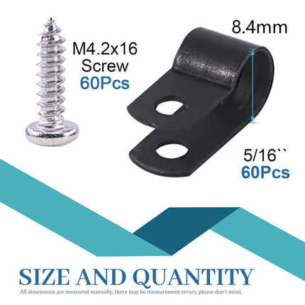 Glarks 60 Pieces 5/16 Inch Black Nylon Screw Fastener R-Type Cable Clamp Wire Clamp with 60 Pieces Screws for Wire, Cable, Conduit and Cable Line Kit (Black)