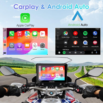 Carpuride W702B mootorratta GPS CarPlay ekraan disainkinnitusega BMW mootorratastele, juhtmevaba CarPlay ja Android Auto, kaasaskantav veekindel 7" puuteekraan, Bluetooth-ülekanne, navigatsioon, Siri.