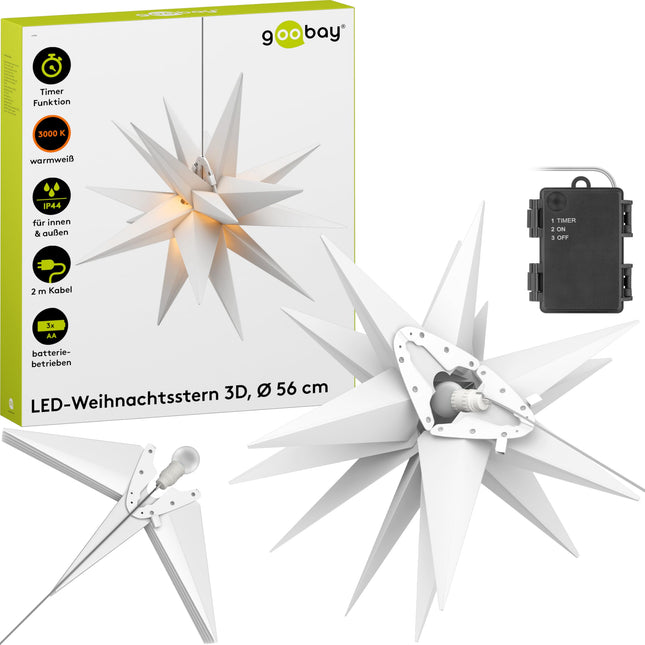 goobay 64788 LED jõulutäht 3D Ø 56 cm/Täht 18 haruga ja taimeriga/Jõulukaunistus/atmosfääri loomiseks/Patareitoitel/Seinakaunistus/Valgustatud täht/Valge