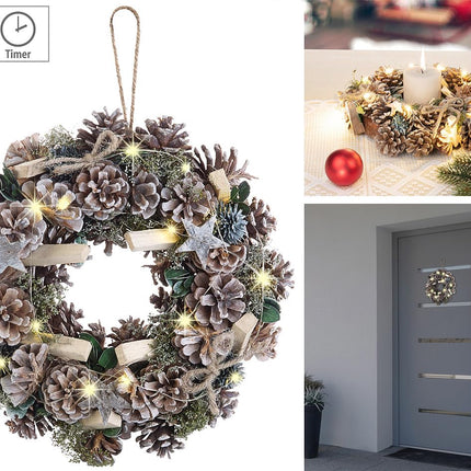 infactory advendiuksepärg: advendi- ja jõulupärg LED-valgustusega, roheline/pruun, Ø 30 cm (jõulukaunistusega uksepärg, jõulu-LED-valgustus, haldjastuled)
