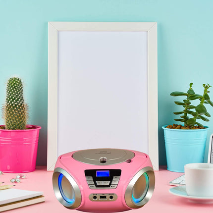 Cyberluxi CD-mängija LED-valgustusega, kõrvaklapipesaga, kaasaskantav stereoraadio, lasteraadio, stereosüsteem, USB, CD/MP3-mängija, FM-raadio, kõrvaklapipesa, Aux-sisend Pretty Kitty Pinkis