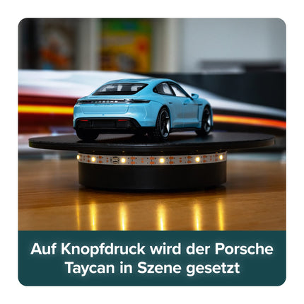 FRANZIS 67203 - Porsche Taycan Advent Calendar Frozen Blue, metal model kit in 1:24 scale, including LED showroom lighting and 52-page accompanying book