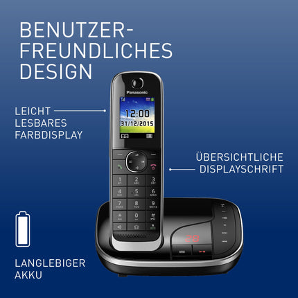 Panasonic KX-TGJ320GB Cordless Phone with Answering Machine, Hands-Free, Color LCD, DECT Security, Low Radiation, Long-Lasting Battery, Black