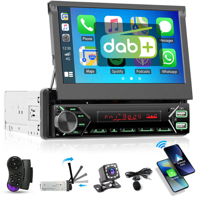 Hikity 1 Din DAB Car Radio with 7 Inch Flip Out Motorized Touchscreen Wireless Carplay Andriod Car Radio with Bluetooth Rear View Camera Mirror Link USB AUX MIC