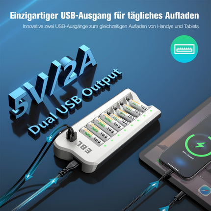 EBL akulaadija AA akudega 2800mAh 8 tk pakis - akulaadija 2 USB-pordiga AA, AAA, NI-MH akude ja USB-seadmete jaoks, mitmekordne kaitse, akude LED-ekraan