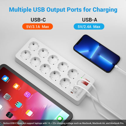 10-osaline mitmikpistikupesa ülepingekaitsega kuni 1700 džauli, pikendusjuhe USB-C-ga, pikendusjuhe lülitiga, 4 USB ja 10 pistikupesa, seinale kinnitatav jaotusjuhe, Schuko pistik, 1,5 m, valge